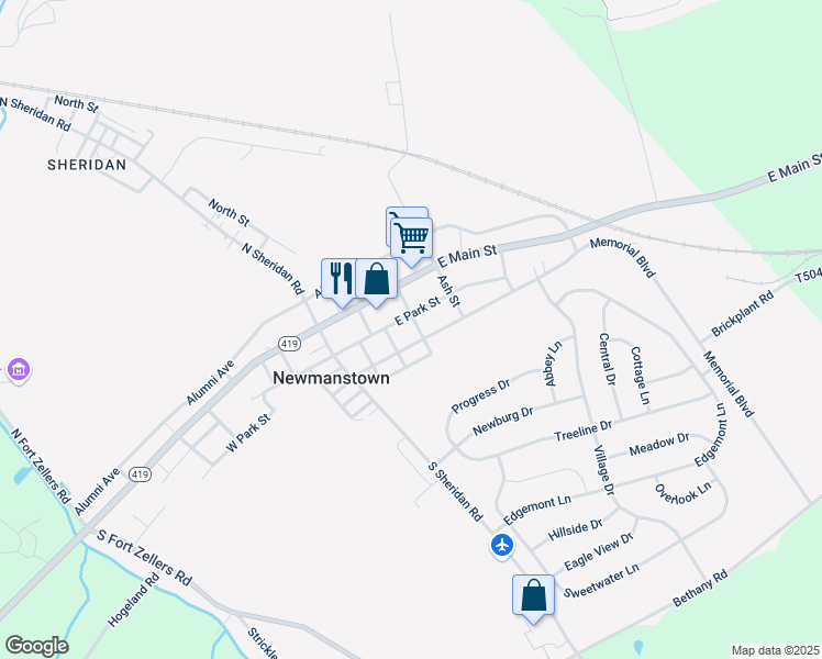 map of restaurants, bars, coffee shops, grocery stores, and more near 17 South Parish Avenue in Newmanstown