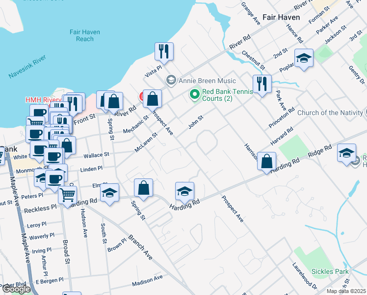 map of restaurants, bars, coffee shops, grocery stores, and more near 104 Prospect Avenue in Red Bank