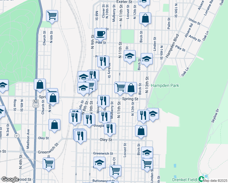 map of restaurants, bars, coffee shops, grocery stores, and more near 1033 Mulberry Street in Reading