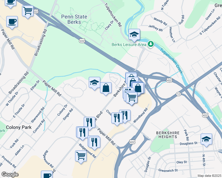 map of restaurants, bars, coffee shops, grocery stores, and more near 405 Peters Way in Wyomissing