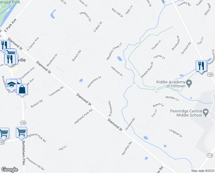 map of restaurants, bars, coffee shops, grocery stores, and more near 127 Glenwood Drive in Sellersville