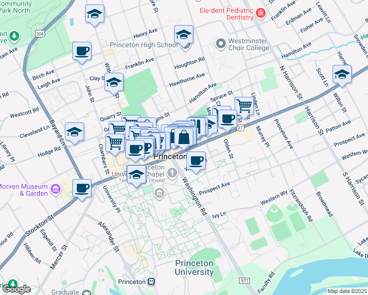 map of restaurants, bars, coffee shops, grocery stores, and more near 21 Park Place in Princeton