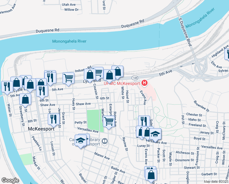 map of restaurants, bars, coffee shops, grocery stores, and more near 511 Ridge Street in McKeesport