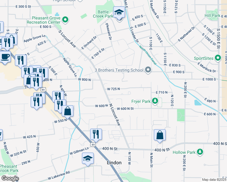 map of restaurants, bars, coffee shops, grocery stores, and more near 245 West 725 North in Lindon