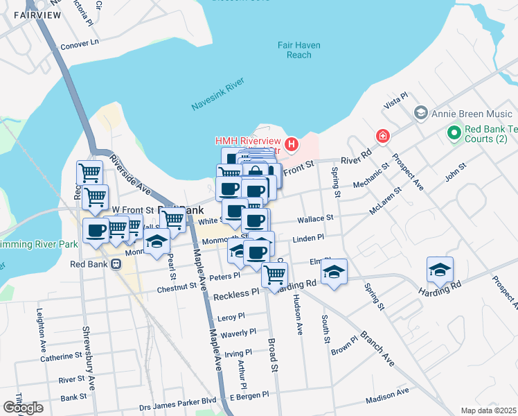 map of restaurants, bars, coffee shops, grocery stores, and more near 16 Broad Street in Red Bank
