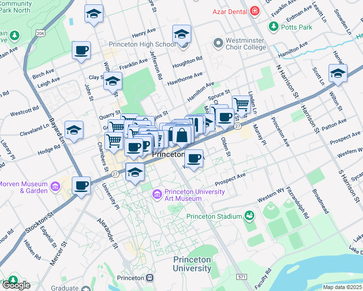 map of restaurants, bars, coffee shops, grocery stores, and more near 21 Park Place in Princeton