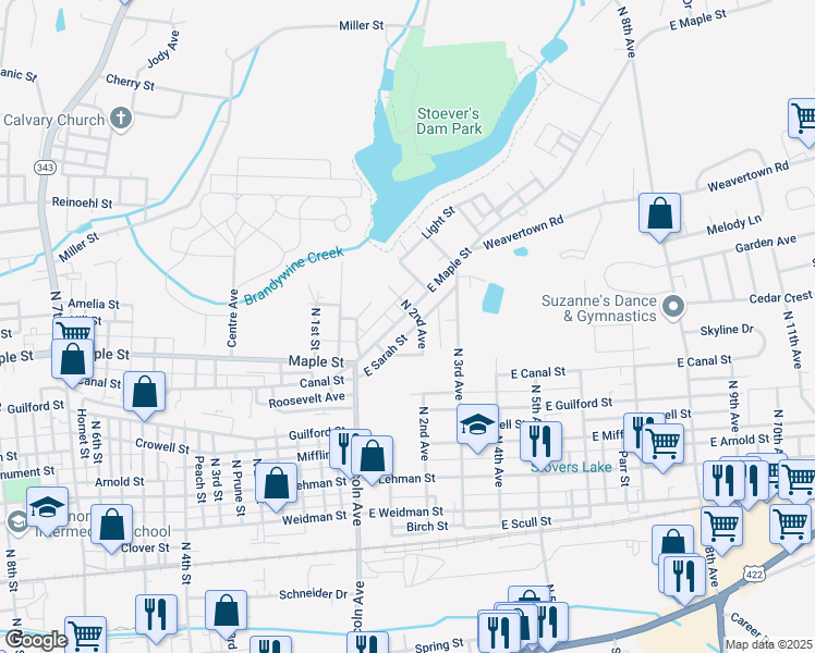 map of restaurants, bars, coffee shops, grocery stores, and more near 137 East Maple Street in Lebanon