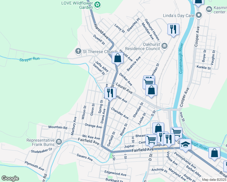 map of restaurants, bars, coffee shops, grocery stores, and more near 321 Laurel Avenue in Johnstown