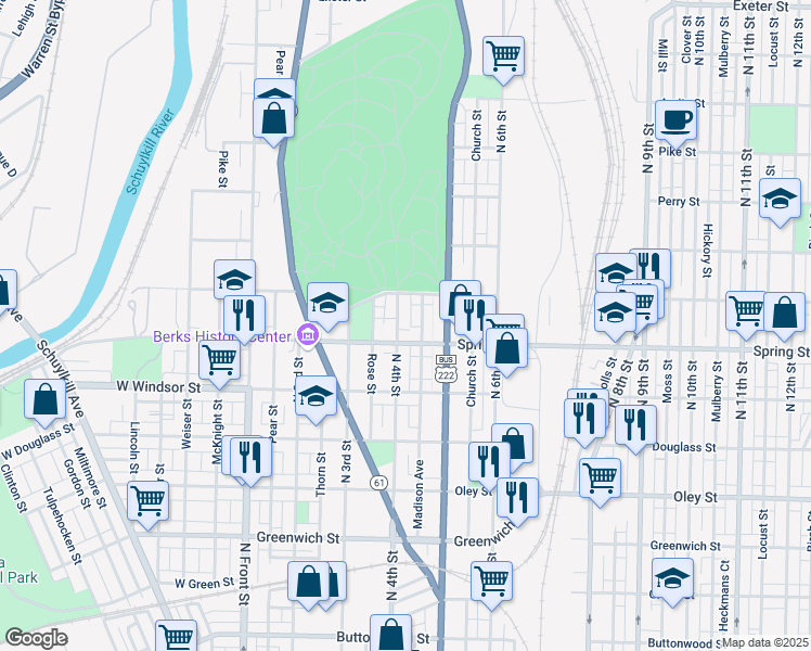 map of restaurants, bars, coffee shops, grocery stores, and more near 1048 Madison Avenue in Reading