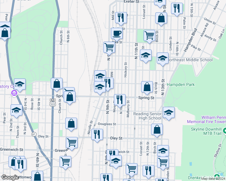 map of restaurants, bars, coffee shops, grocery stores, and more near 1026 Moss Street in Reading
