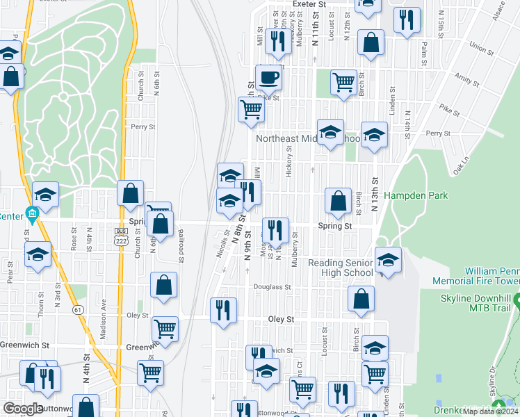 map of restaurants, bars, coffee shops, grocery stores, and more near 1026 Moss Street in Reading