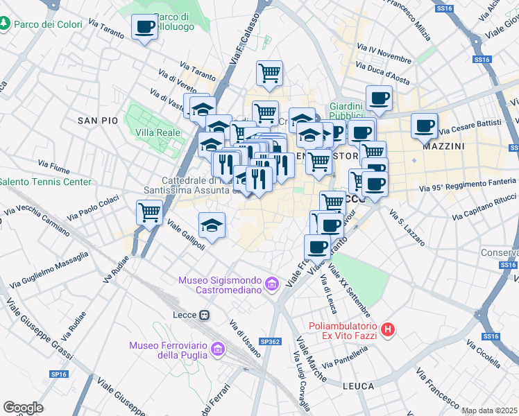 map of restaurants, bars, coffee shops, grocery stores, and more near 17 Via Luisa Amalia Paladini in Lecce
