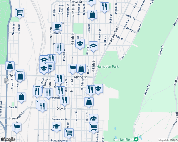 map of restaurants, bars, coffee shops, grocery stores, and more near 1035 Birch Street in Reading
