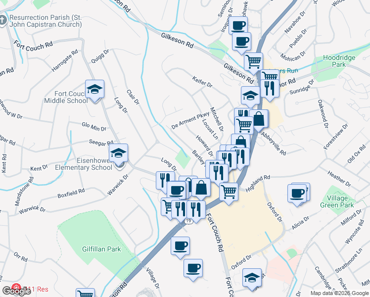 map of restaurants, bars, coffee shops, grocery stores, and more near 114 Bartley Road in Pittsburgh