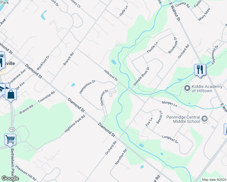 map of restaurants, bars, coffee shops, grocery stores, and more near Crestwood Court in Sellersville