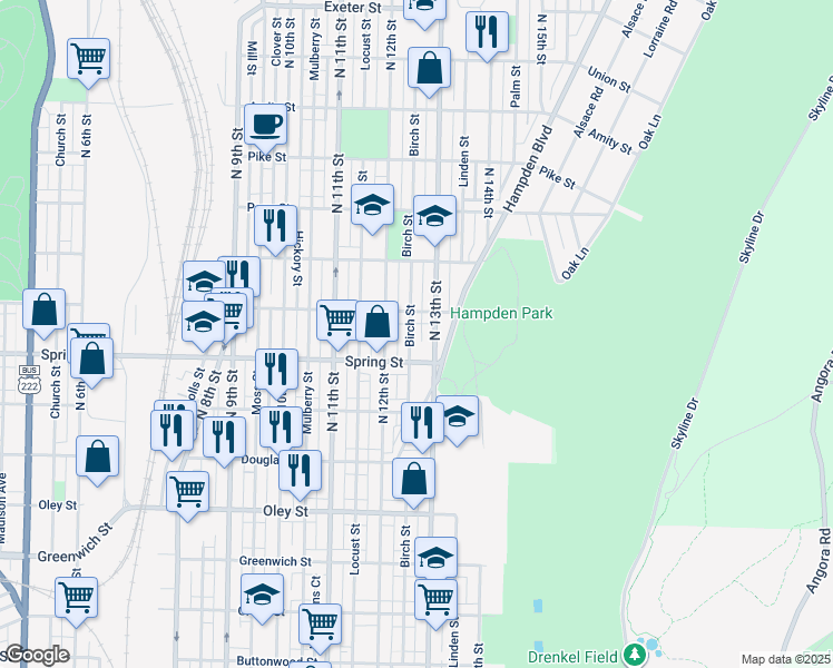 map of restaurants, bars, coffee shops, grocery stores, and more near 1035 Birch Street in Reading