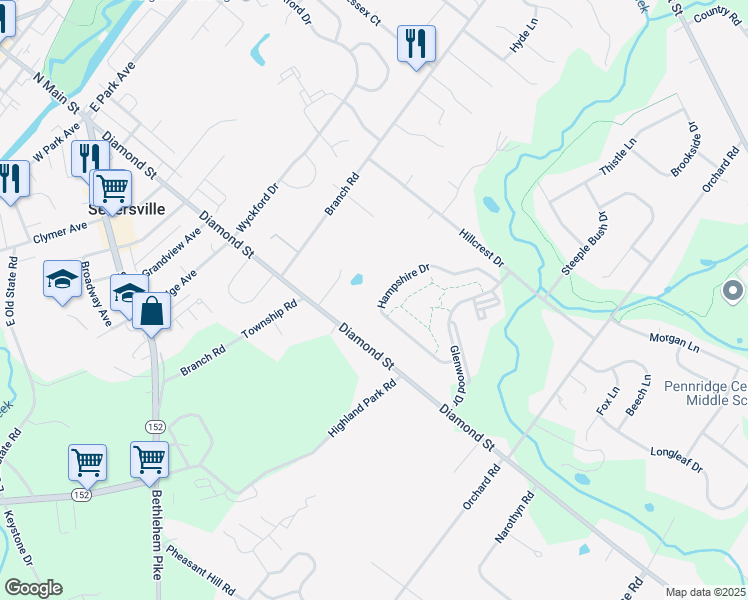 map of restaurants, bars, coffee shops, grocery stores, and more near 234 Hampshire Drive in Sellersville
