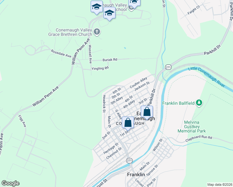 map of restaurants, bars, coffee shops, grocery stores, and more near 200-386 6th Street in Johnstown