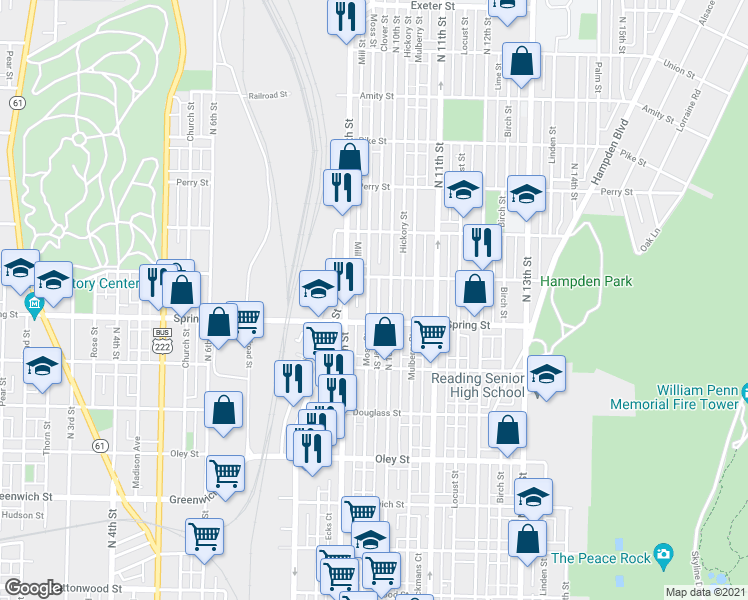 map of restaurants, bars, coffee shops, grocery stores, and more near 1054 North 10th Street in Reading