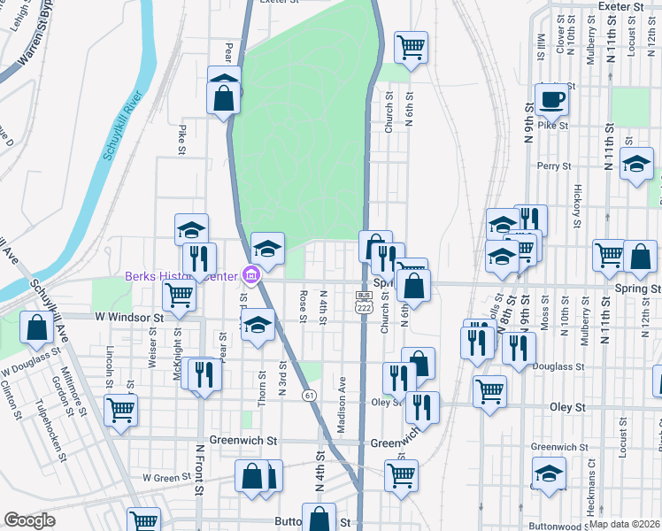 map of restaurants, bars, coffee shops, grocery stores, and more near 1048 Madison Avenue in Reading