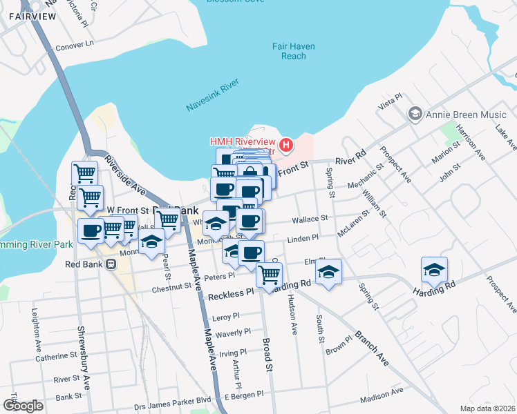 map of restaurants, bars, coffee shops, grocery stores, and more near 16 Broad Street in Red Bank