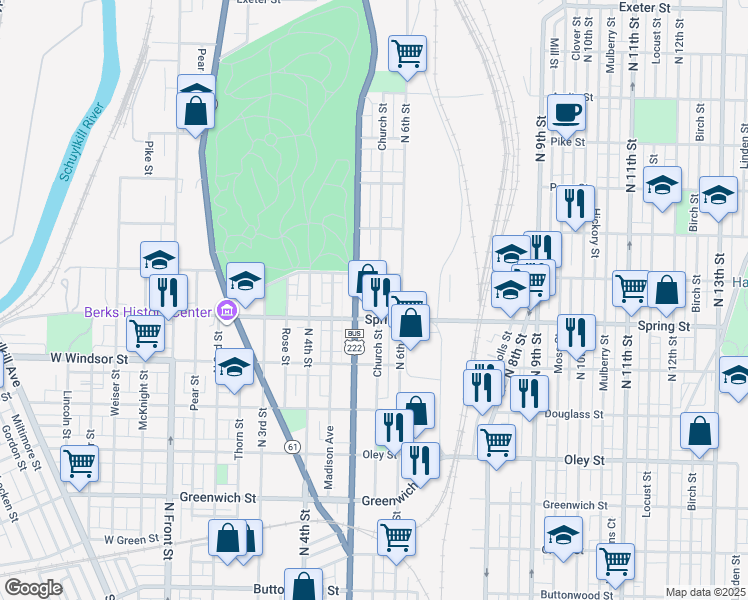 map of restaurants, bars, coffee shops, grocery stores, and more near 1041 North 5th Street in Reading