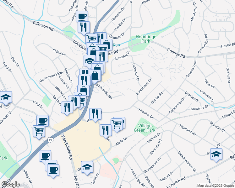 map of restaurants, bars, coffee shops, grocery stores, and more near 64 Sprucewood Drive in Pittsburgh