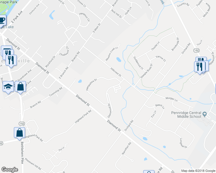 map of restaurants, bars, coffee shops, grocery stores, and more near 129 Glenwood Drive in Sellersville