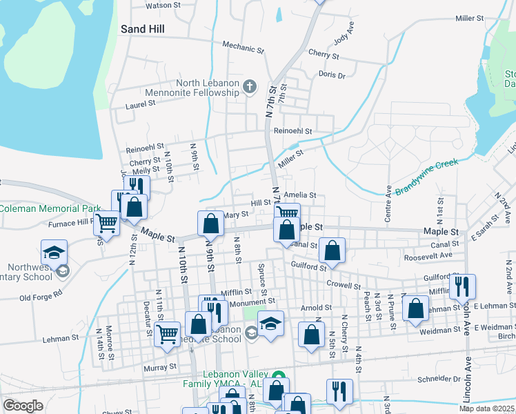 map of restaurants, bars, coffee shops, grocery stores, and more near 745 Maple Street in Lebanon