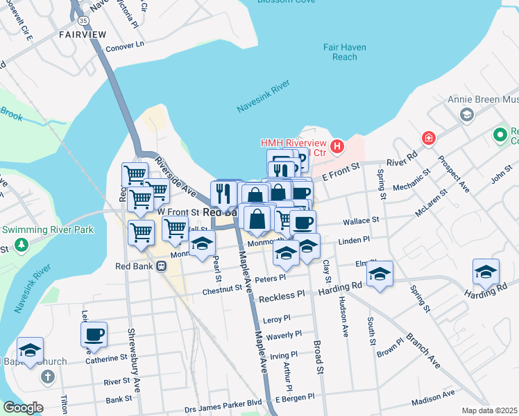 map of restaurants, bars, coffee shops, grocery stores, and more near 74C West Front Street in Red Bank