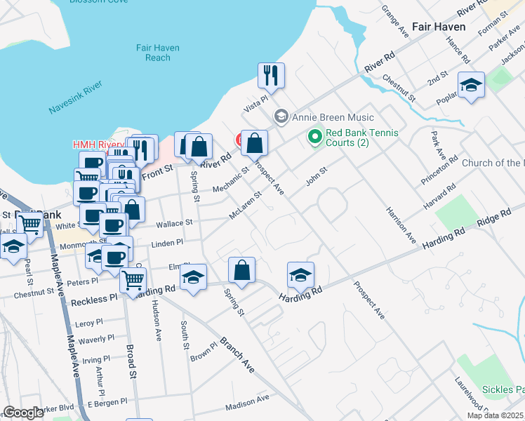 map of restaurants, bars, coffee shops, grocery stores, and more near 100 Mclaren Street in Red Bank
