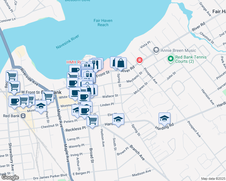 map of restaurants, bars, coffee shops, grocery stores, and more near 50 Spring Street in Red Bank