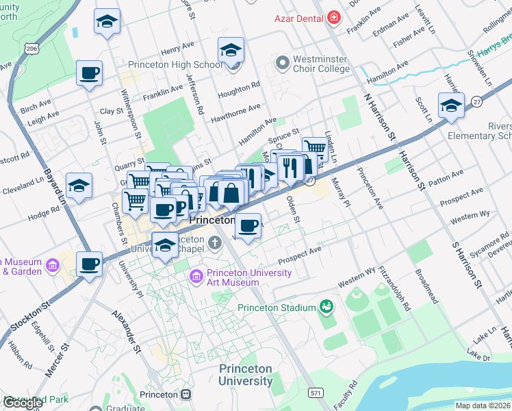 map of restaurants, bars, coffee shops, grocery stores, and more near 6 Moore Street in Princeton
