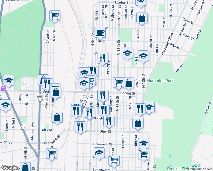 map of restaurants, bars, coffee shops, grocery stores, and more near 1054 North 10th Street in Reading