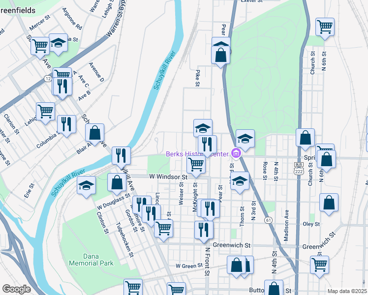 map of restaurants, bars, coffee shops, grocery stores, and more near 1037 Weiser Street in Reading