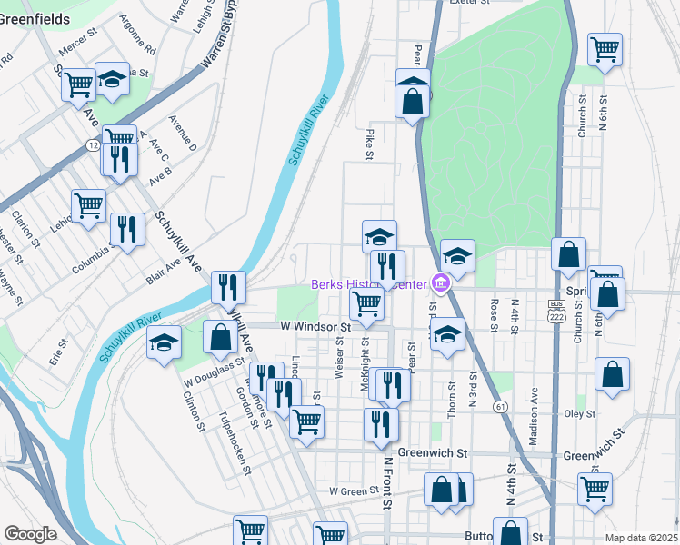 map of restaurants, bars, coffee shops, grocery stores, and more near 1037 Weiser Street in Reading