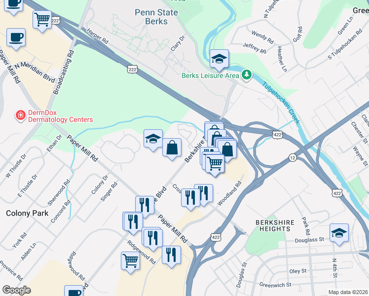 map of restaurants, bars, coffee shops, grocery stores, and more near 405 Peters Way in Wyomissing