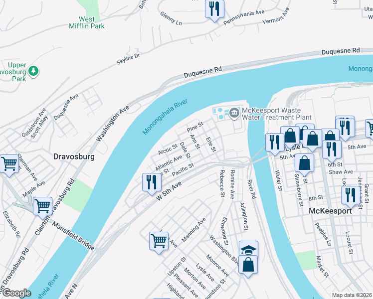 map of restaurants, bars, coffee shops, grocery stores, and more near 225 Dale Street in McKeesport
