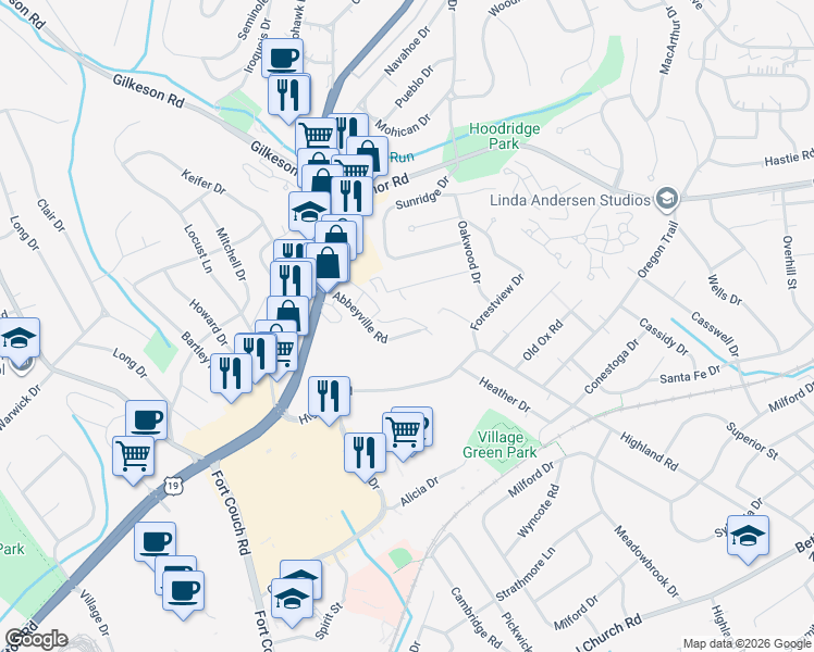 map of restaurants, bars, coffee shops, grocery stores, and more near 64 Sprucewood Drive in Pittsburgh