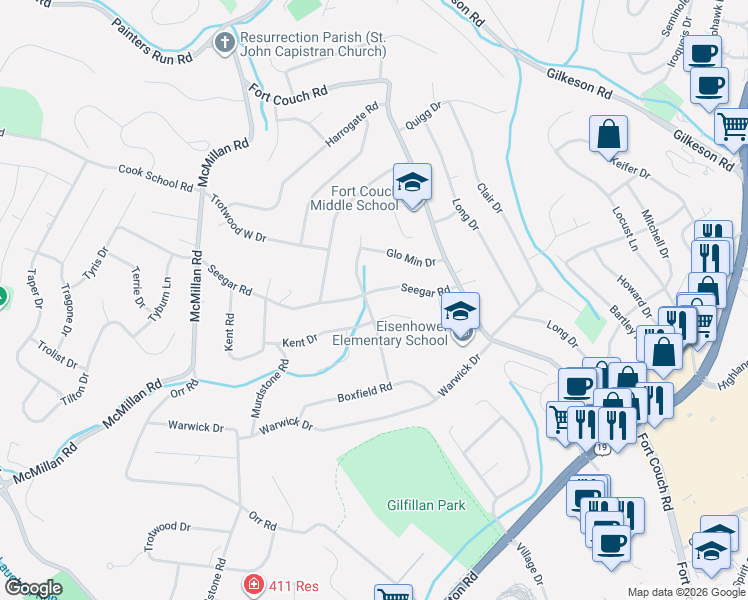 map of restaurants, bars, coffee shops, grocery stores, and more near 143 Seegar Road in Pittsburgh