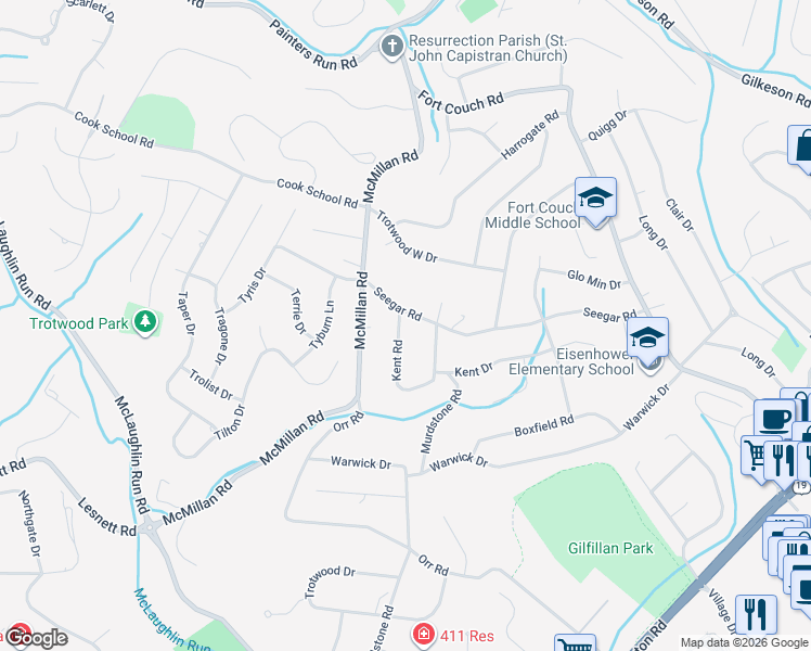 map of restaurants, bars, coffee shops, grocery stores, and more near 217 Seegar Road in Pittsburgh