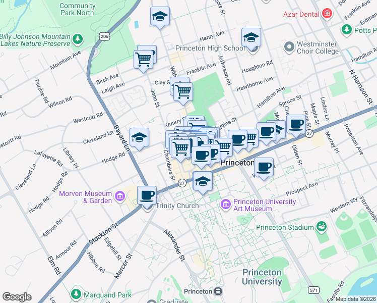 map of restaurants, bars, coffee shops, grocery stores, and more near 66 Witherspoon Street in Princeton