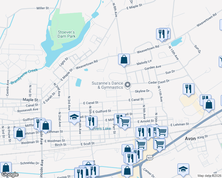 map of restaurants, bars, coffee shops, grocery stores, and more near 7R David Drive in Lebanon