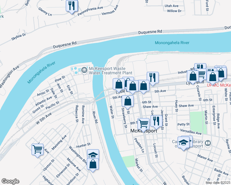 map of restaurants, bars, coffee shops, grocery stores, and more near 5th Avenue in McKeesport