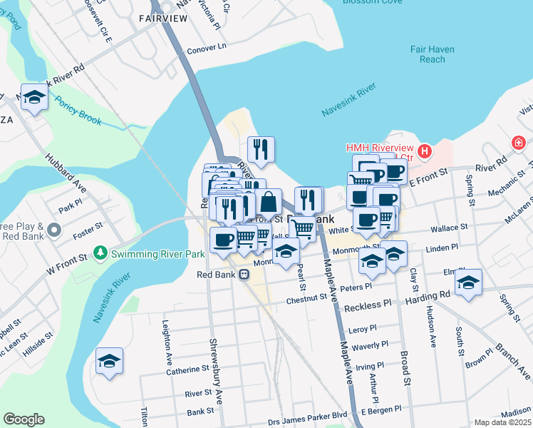 map of restaurants, bars, coffee shops, grocery stores, and more near 11 Allen Place in Red Bank