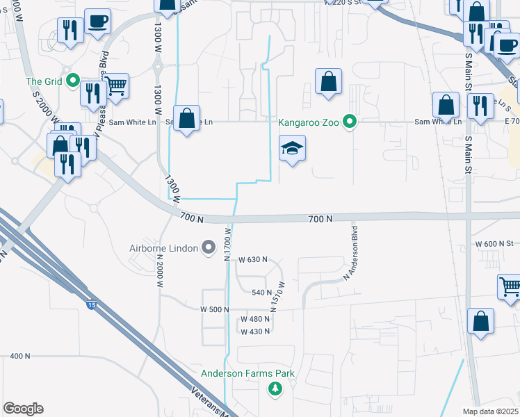 map of restaurants, bars, coffee shops, grocery stores, and more near 1580 700 North in Lindon