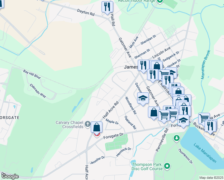map of restaurants, bars, coffee shops, grocery stores, and more near 66 Sand Hill Road in Jamesburg