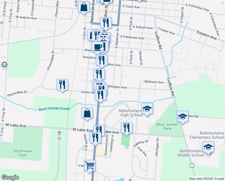 map of restaurants, bars, coffee shops, grocery stores, and more near 208 Washington Avenue in Bellefontaine