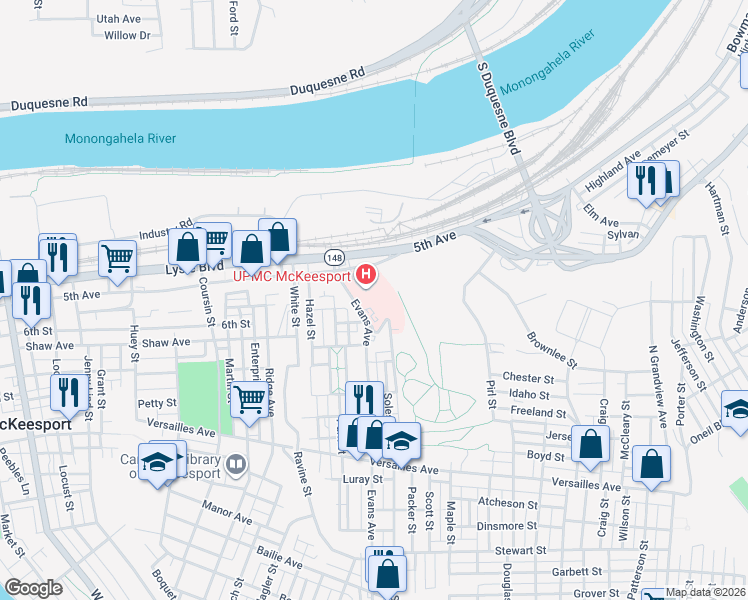 map of restaurants, bars, coffee shops, grocery stores, and more near 1500 5th Avenue in McKeesport