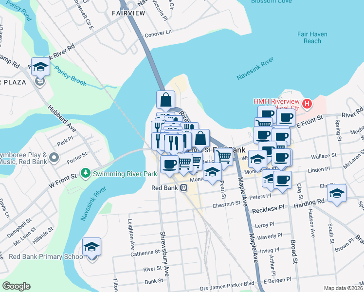 map of restaurants, bars, coffee shops, grocery stores, and more near 210 West Front Street in Red Bank